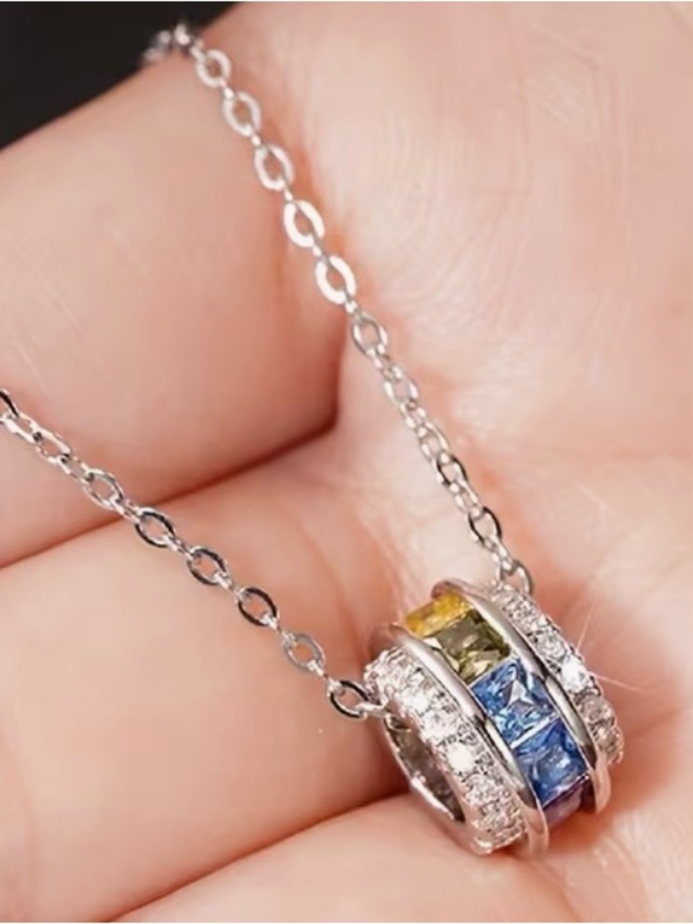 Multi-Color Ring Silver Pendant Necklace with Purple/Blue/Pink Cubic Zirconias - Picture 4 of 11